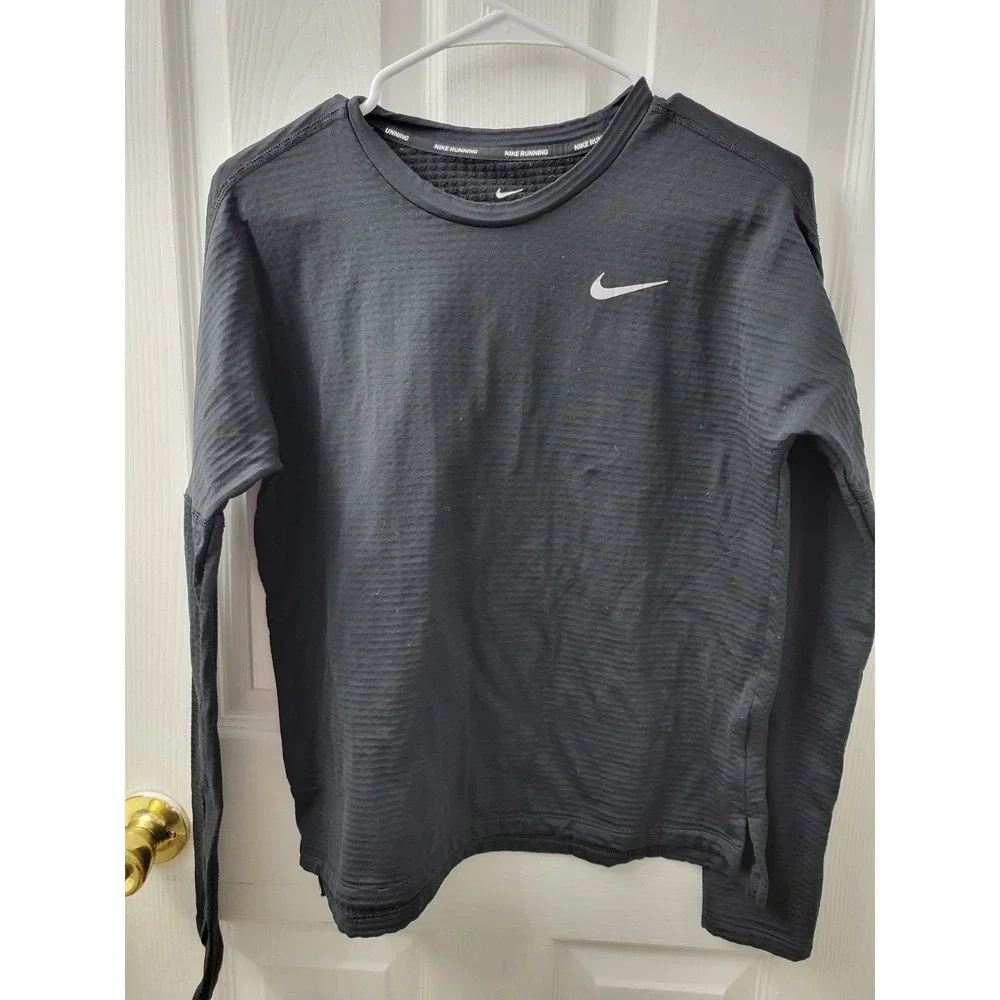 Nike Dri-Fit Running Womens Small Long Sleeve Shirt Black Thumb Holes Pocket